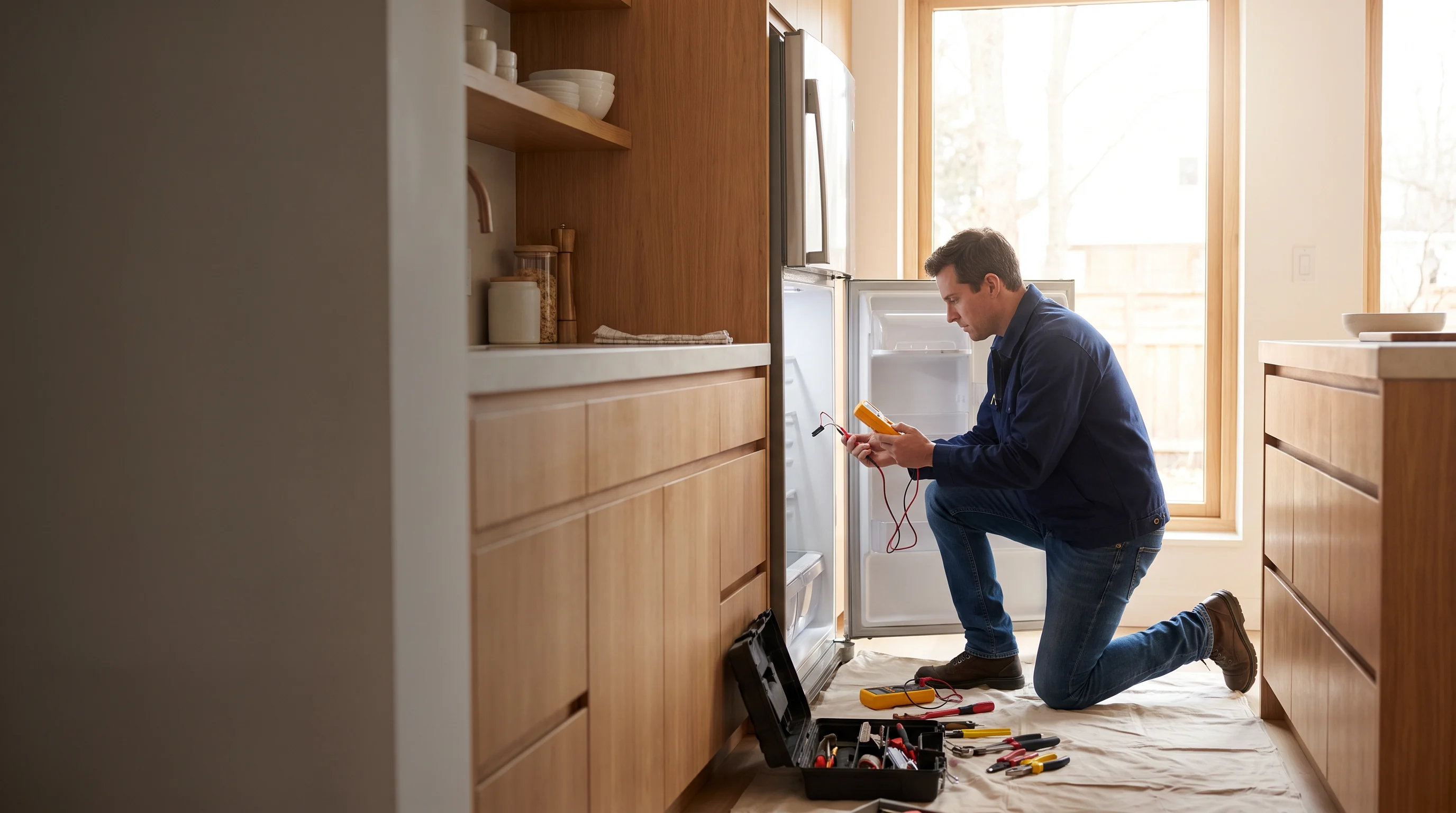 Technician observing a refrigerator issue in a warm kitchen