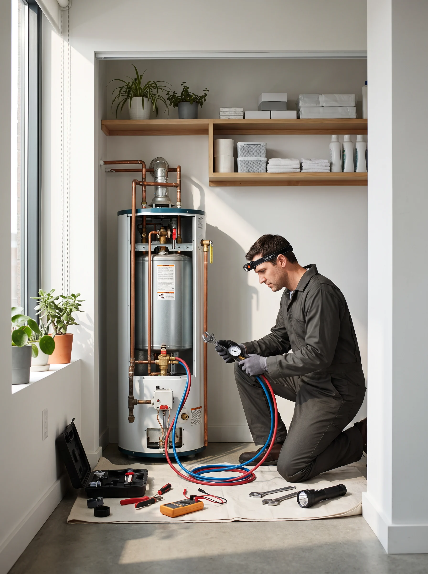 Technician checking a household water heater
