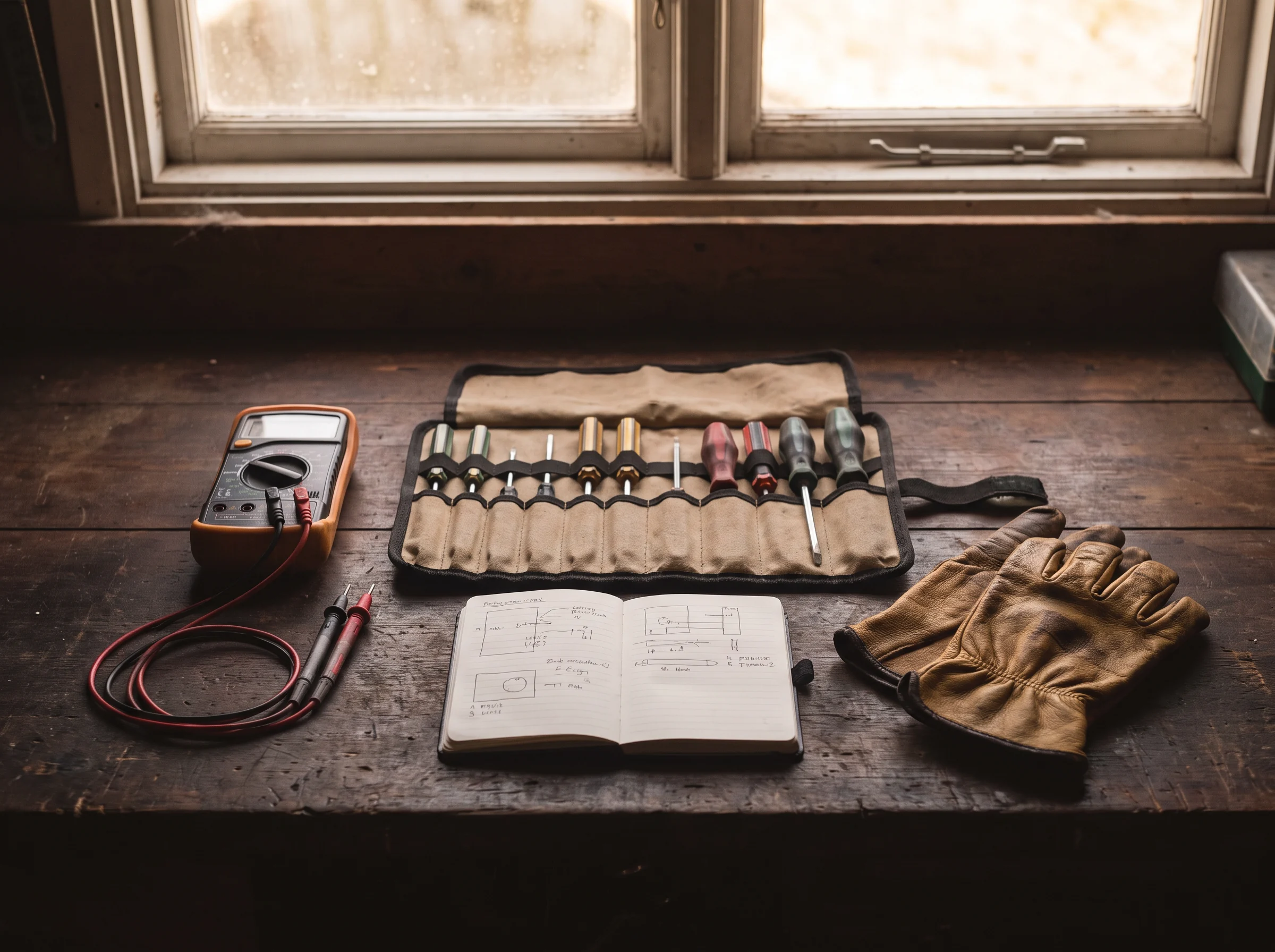 Organised repair tools and measuring equipment