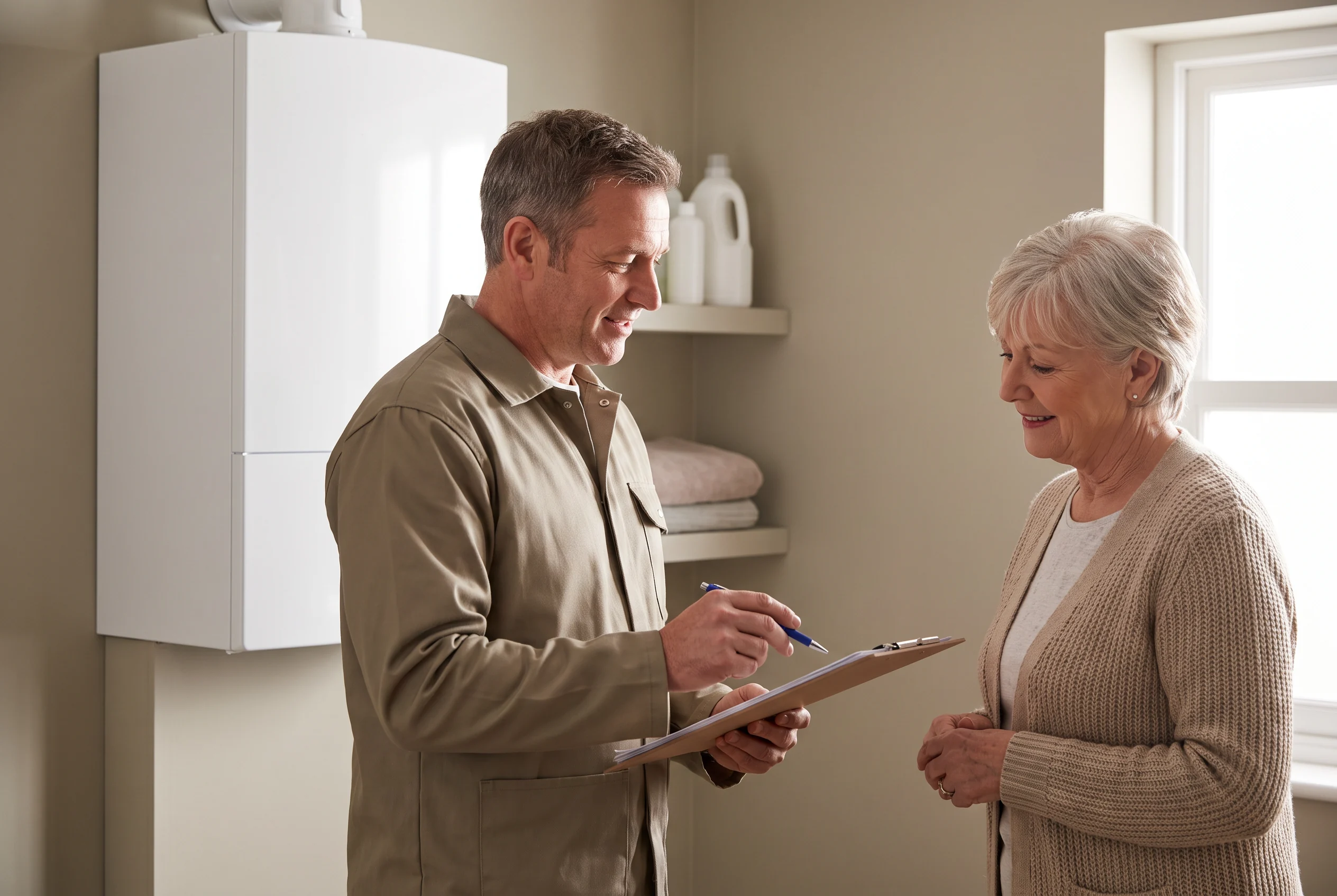 Technician explaining a maintenance note to a homeowner